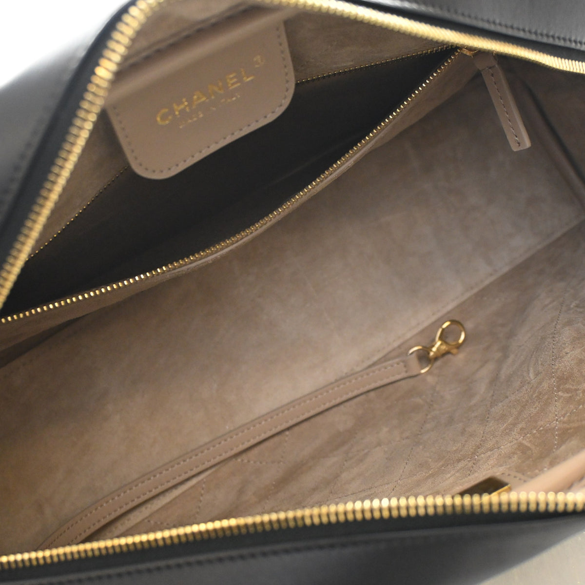 Pre-Owned Chanel Large Calfskin Perfect Bowling Bag, open interior with lining