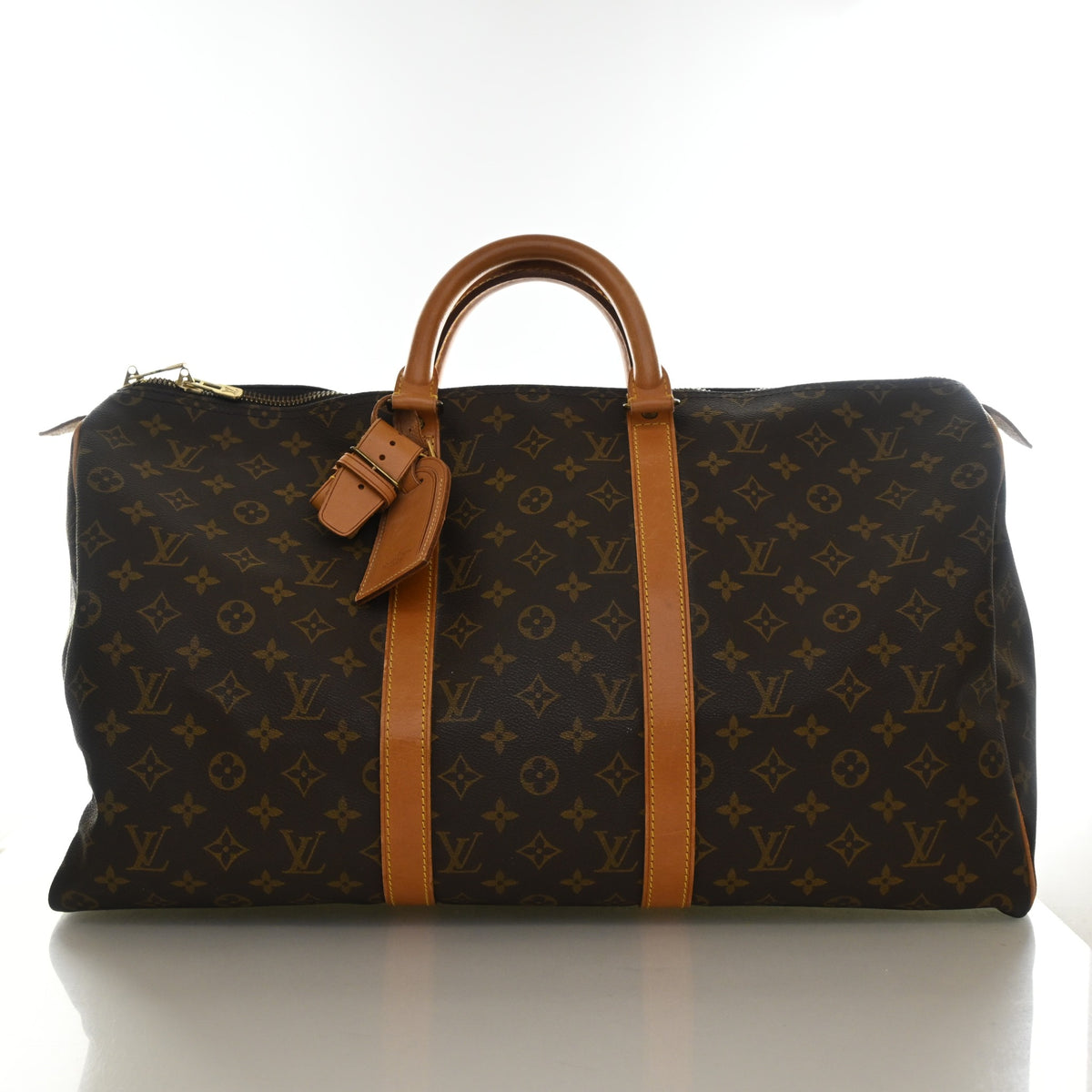 Vintage Louis Vuitton 50 Monogram Keepall, front view, authenticated at Luxe Du Jour