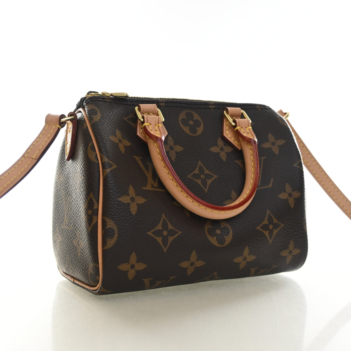 Pre-Owned Louis Vuitton Nano Speedy Monogram Bandouliere, three-quarter view, authenticated at Luxe Du Jour