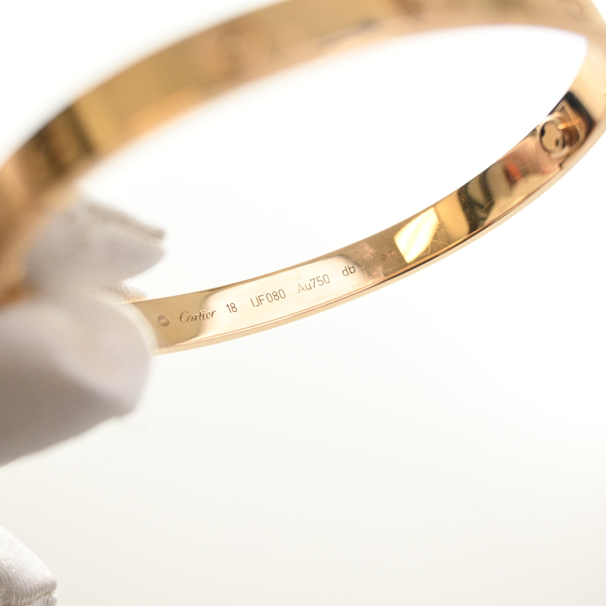 Pre-Owned Cartier Love Bracelet Sz 18 Classic Model, gold hardware close-up, photo 5 of 9