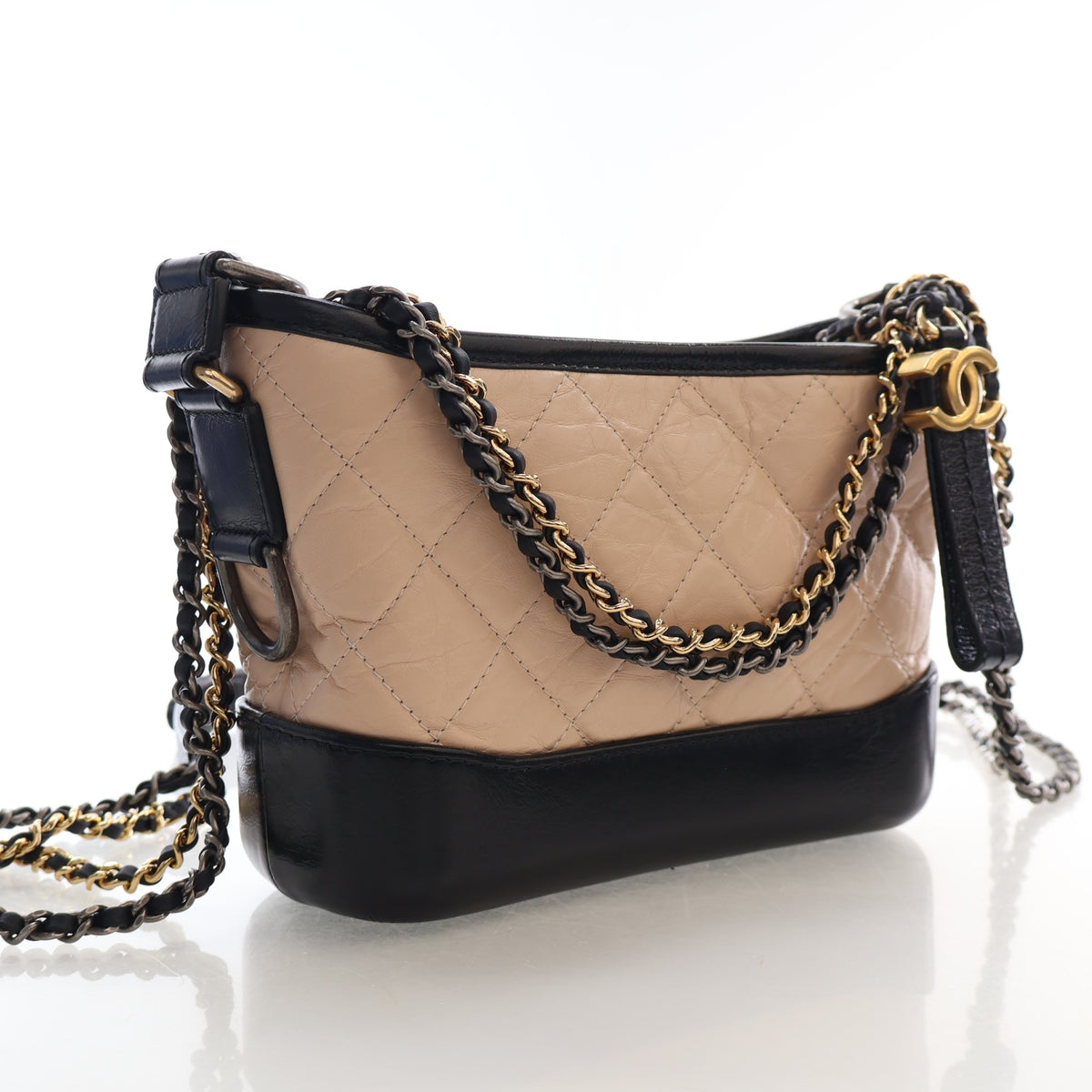 Pre-Owned Chanel Hobo Small Aged Calfskin Gabrielle Bag, three-quarter view, authenticated at Luxe Du Jour