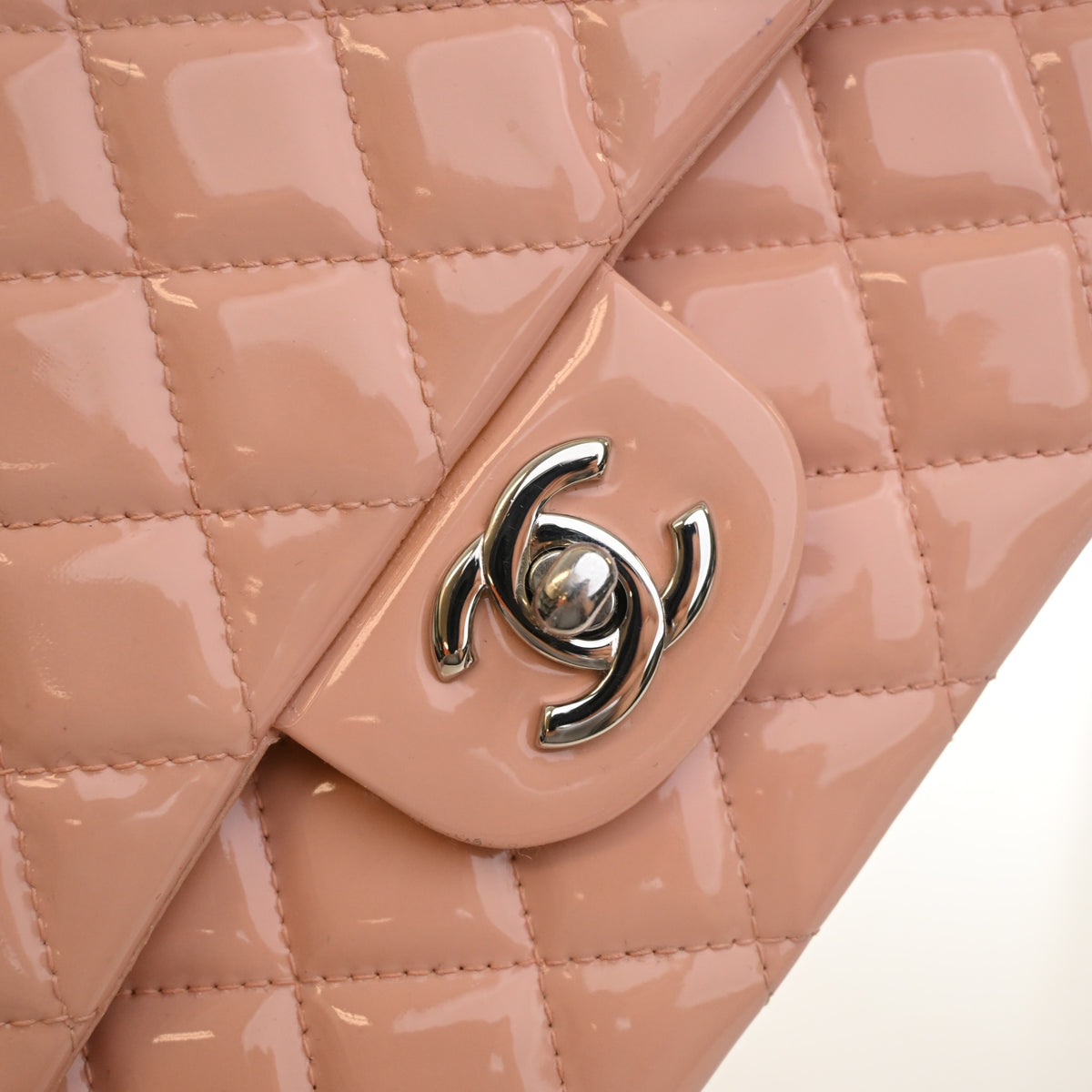Pre-Owned Chanel Classic Double Flap Medium Patent Leather Bag, silver hardware close-up