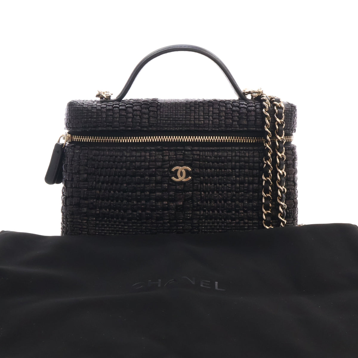 Pre-Owned Chanel Top Handle Small Raffia Slim Vanity With Chain, front view