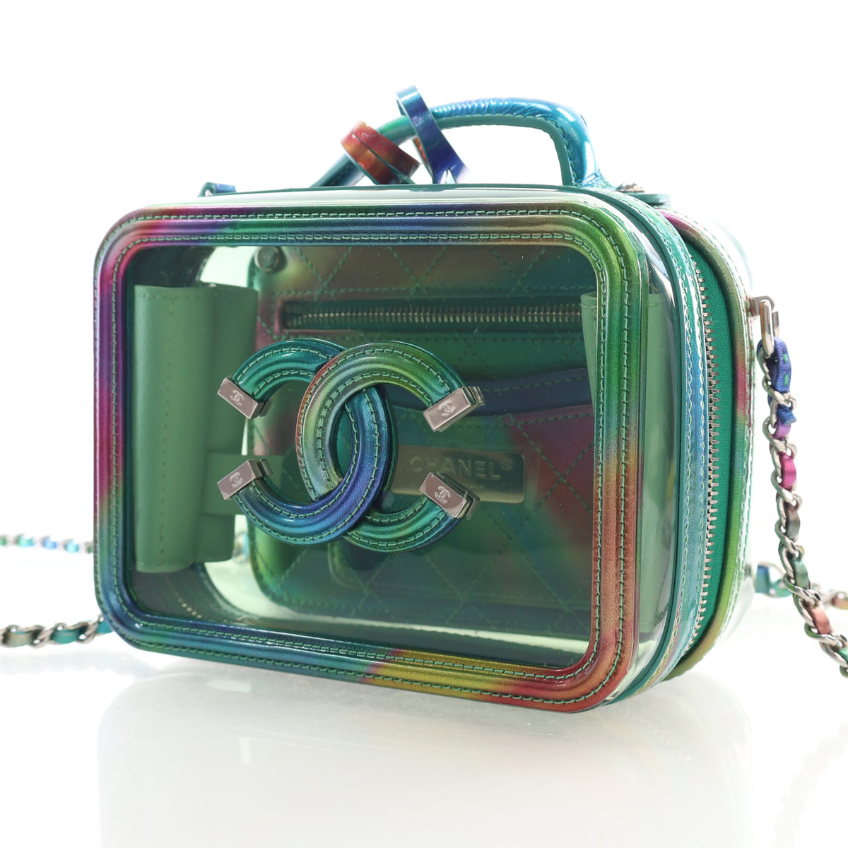 Pre-Owned Chanel Vanity Case Small PVC Filigree, three-quarter view, authenticated at Luxe Du Jour