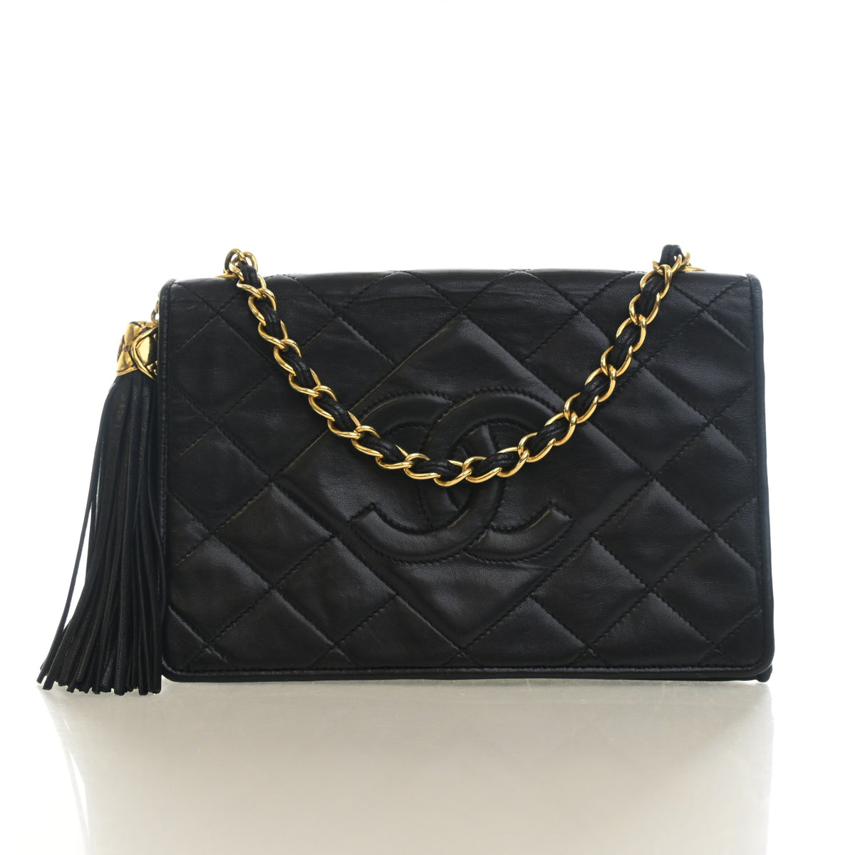 Vintage Chanel Flap Bag Lambskin CC Tassel, front view, authenticated at Luxe Du Jour