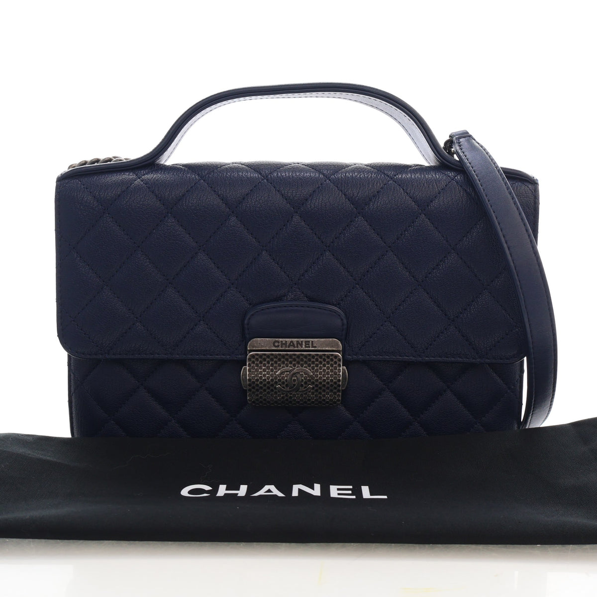 Pre-Owned Chanel Flap Bag Small Goatskin University, shown with dust bag and packaging