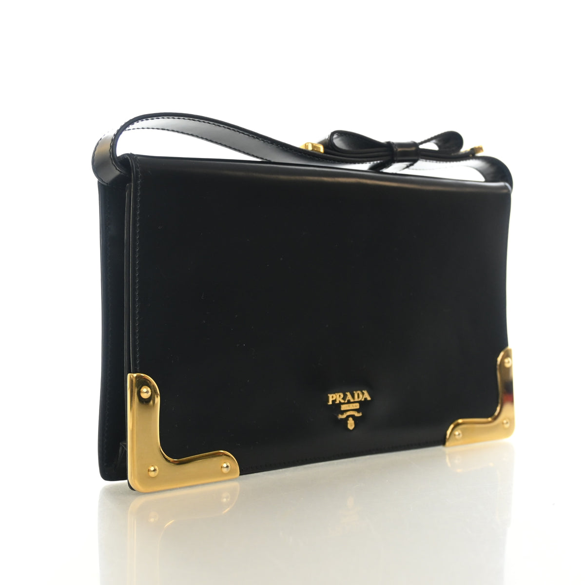 Pre-Owned Prada Pochette Spazzolato Bow, side profile, authenticated at Luxe Du Jour