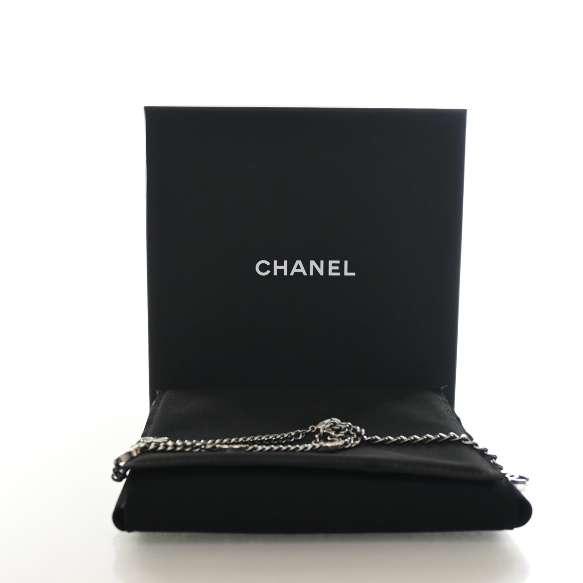 Pre-Owned Chanel Necklace Crystal CC Symbol Choker, shown with dust bag and packaging