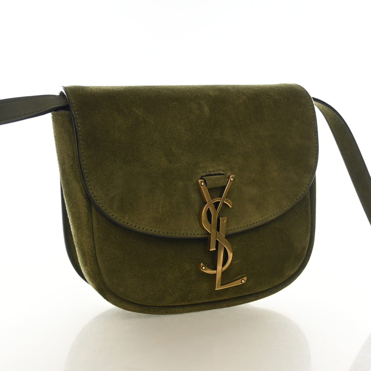 Pre-Owned Saint Laurent Small Suede Leather Kaia Satchel, three-quarter view, authenticated at Luxe Du Jour