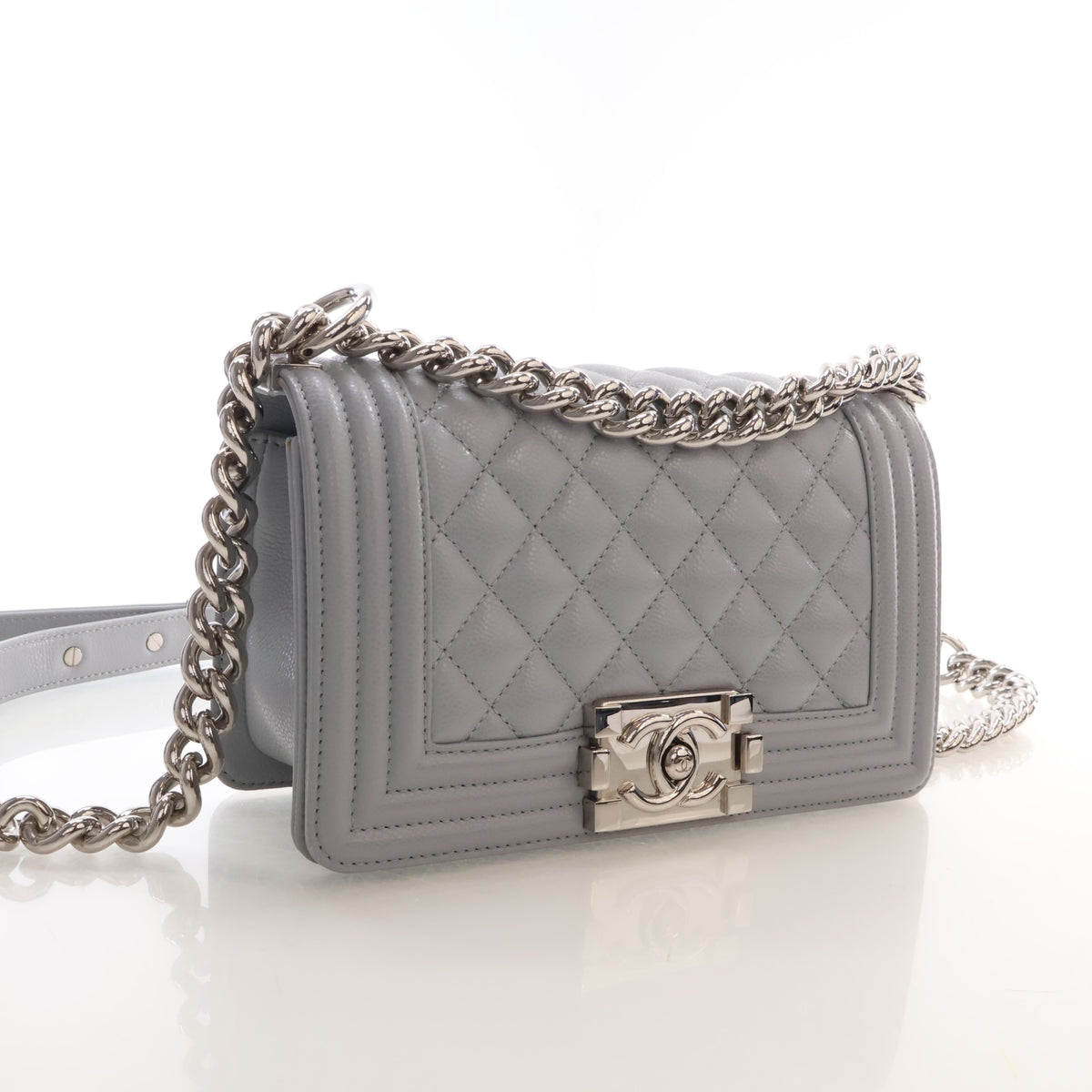 Pre-Owned Chanel Boy Bag Small Caviar Leather, three-quarter view, authenticated at Luxe Du Jour