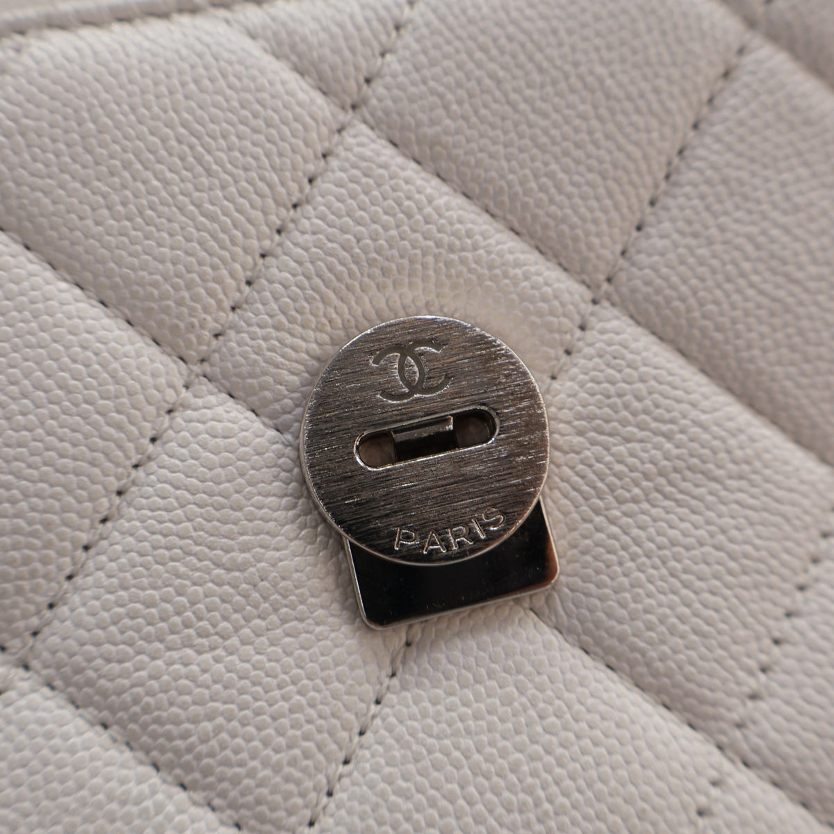 Pre-Owned Chanel Flap Bag Mini Caviar Leather My Everything, silver hardware close-up