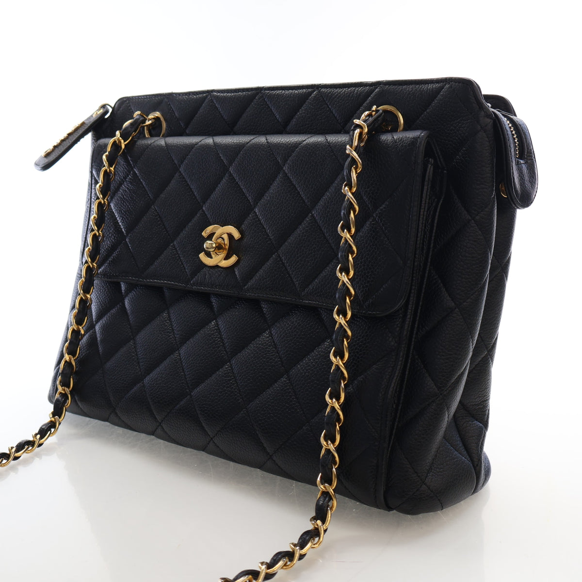 Vintage Chanel Tote Bag Large Caviar Leather Matelasse Chain, three-quarter view