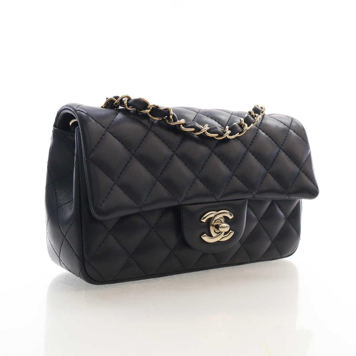 Pre-Owned Chanel Flap Bag Small Lambskin Classic Single, three-quarter view, authenticated at Luxe Du Jour
