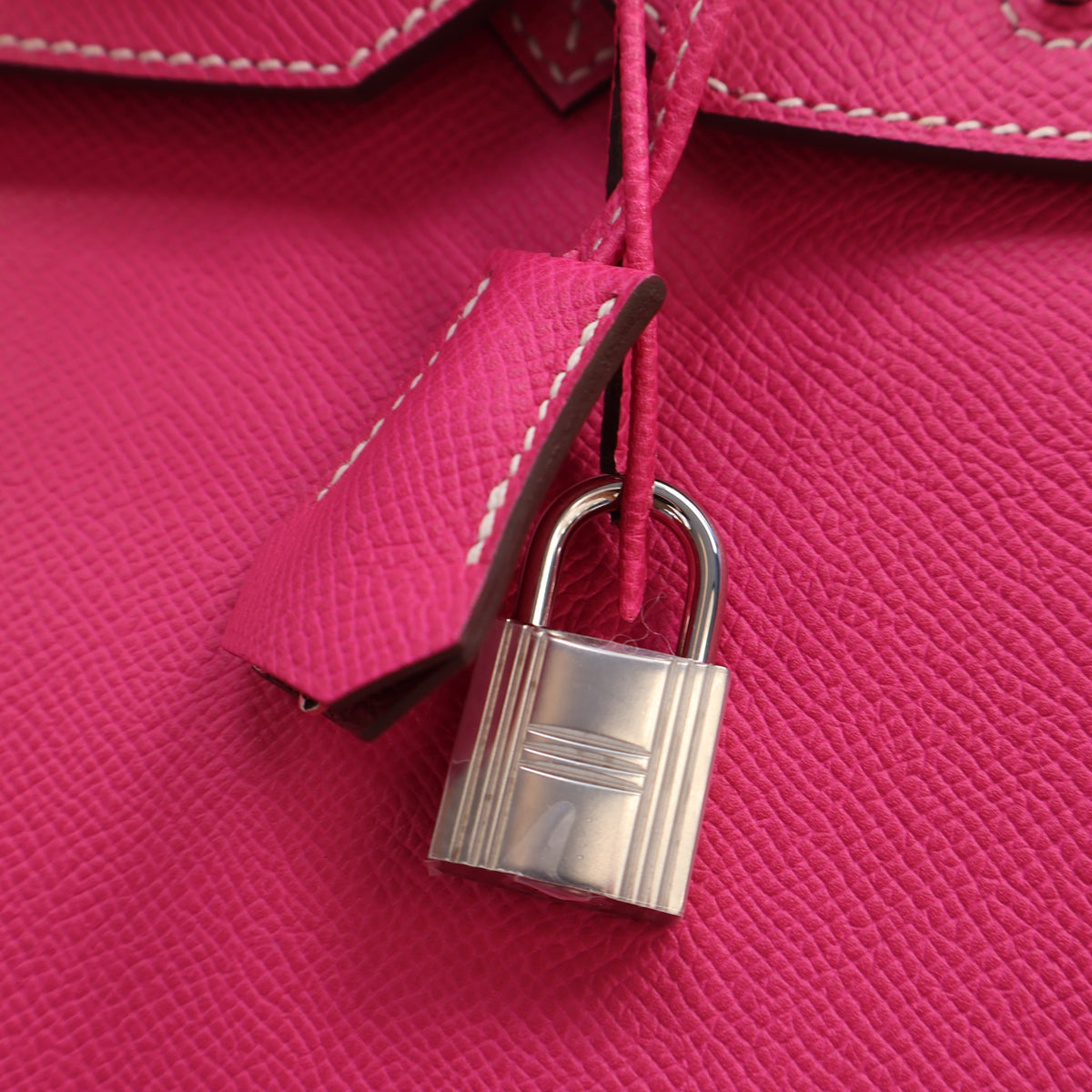 Pre-Owned Hermès Birkin 35 Rose Tyrien Epsom Leather Candy, silver hardware close-up, photo 9 of 24