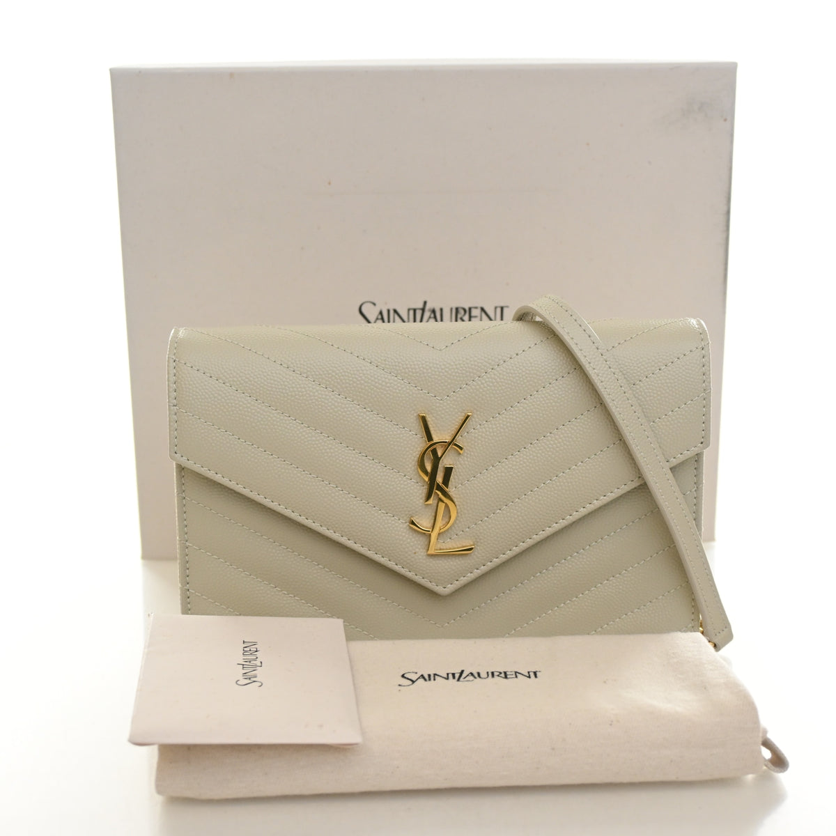 Pre-Owned Saint Laurent Chain Wallet Calfskin Cassandre, shown with dust bag and packaging
