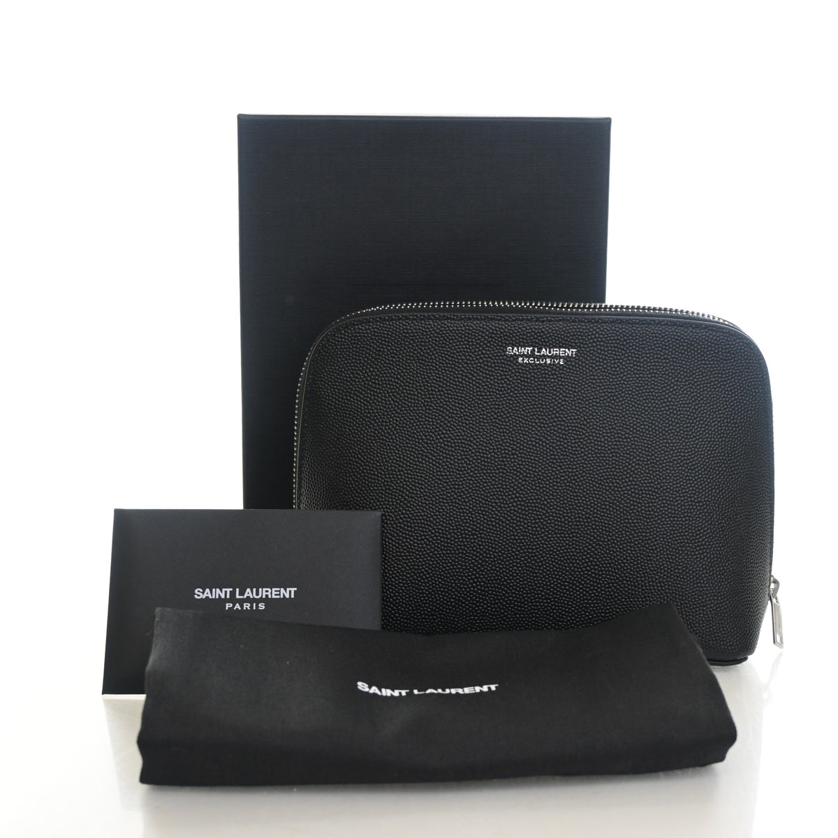 Pre-Owned Saint Laurent Calfskin Cosmetic Pouch, shown with dust bag and packaging