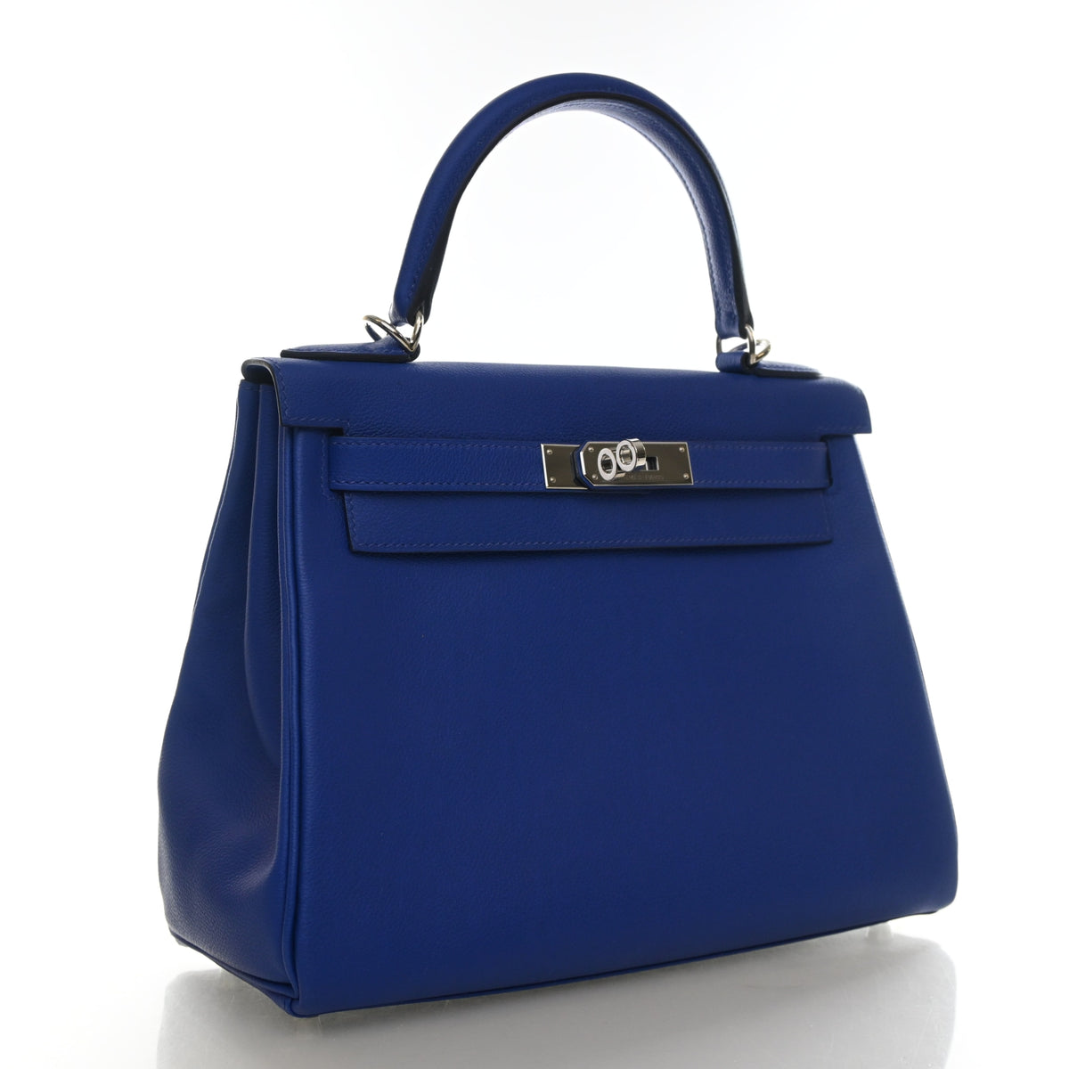 Pre-Owned Hermès Kelly 28 Bleu Royal Evercolor Leather Verso, three-quarter view, authenticated at Luxe Du Jour