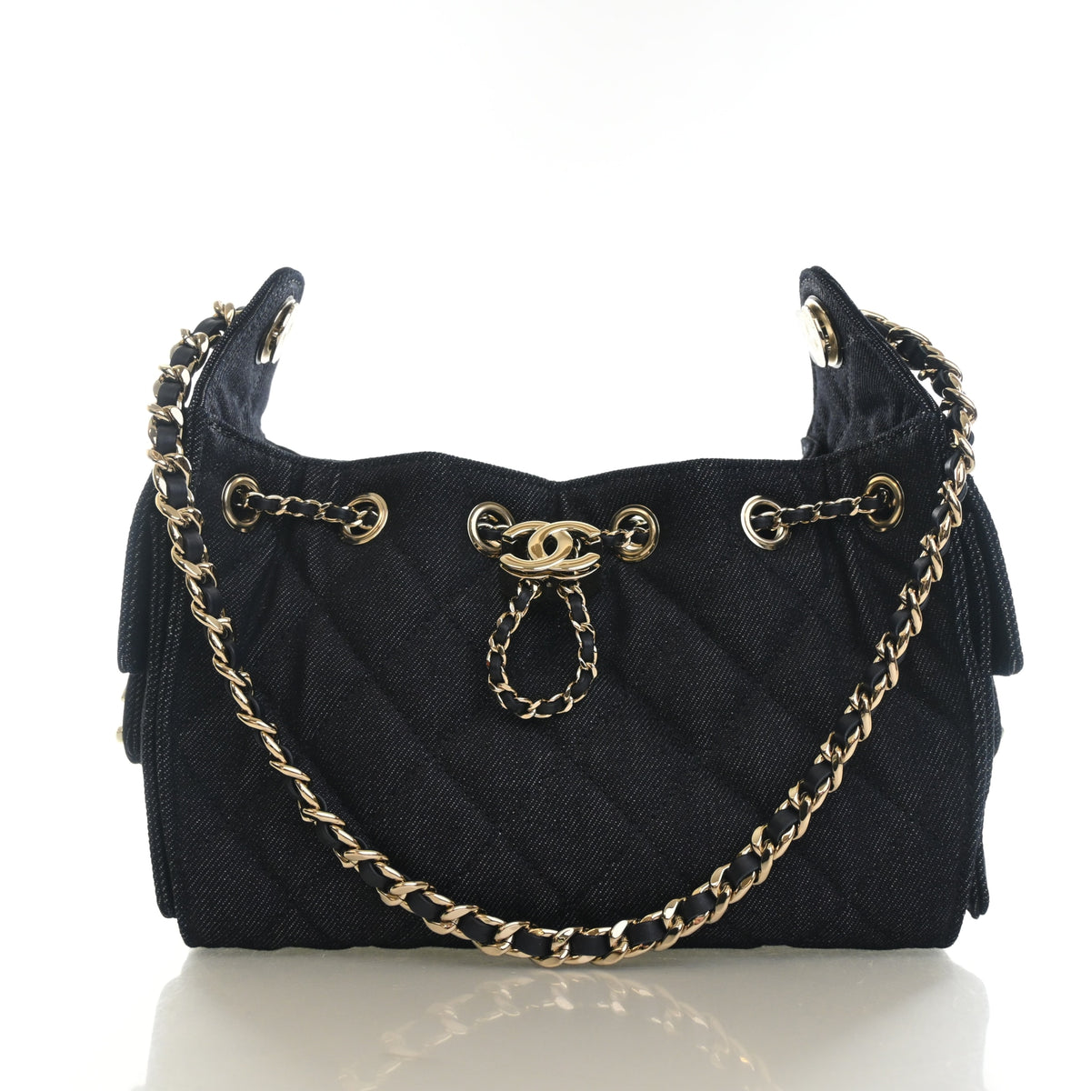 Pre-Owned Chanel Hobo Mini Denim 25, front view, authenticated at Luxe Du Jour