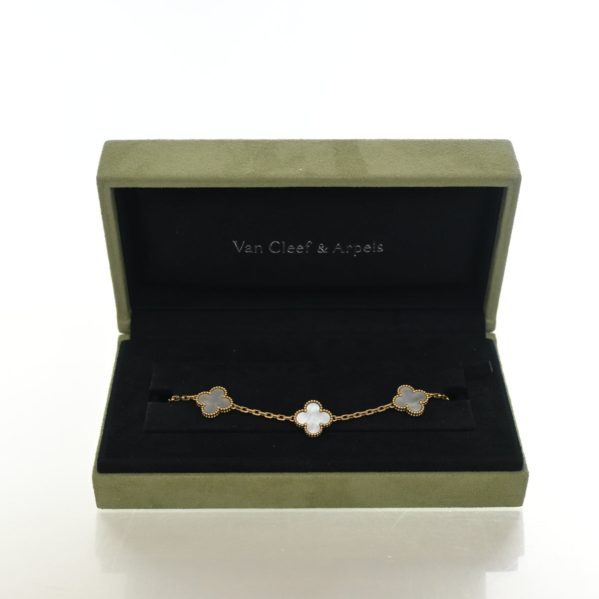 Vintage Van Cleef & Arpels Alhambra Mother Of Pearl 5 Motif Bracelet, with dust bag, authenticated at Luxe Du Jour