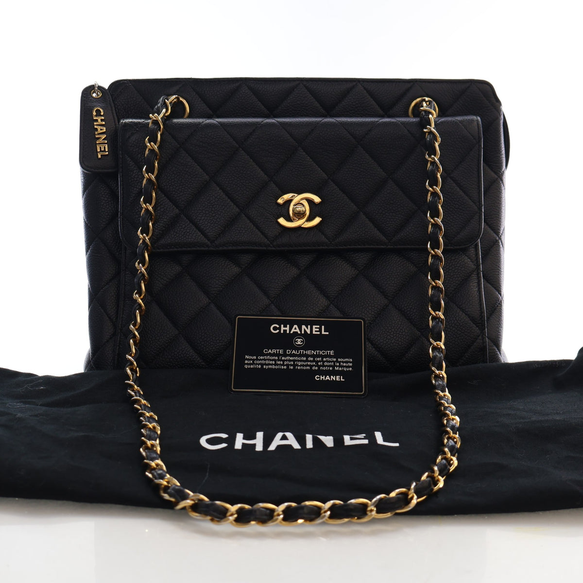 Vintage Chanel Tote Bag Large Caviar Leather Matelasse Chain, front view
