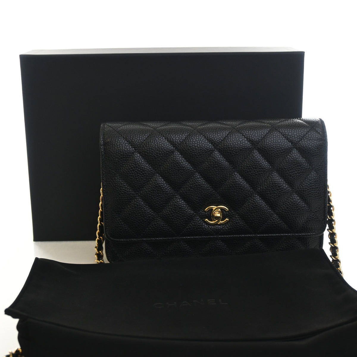Pre-Owned Chanel Wallet On Chain Caviar Leather Turnlock WOC, shown with dust bag and packaging