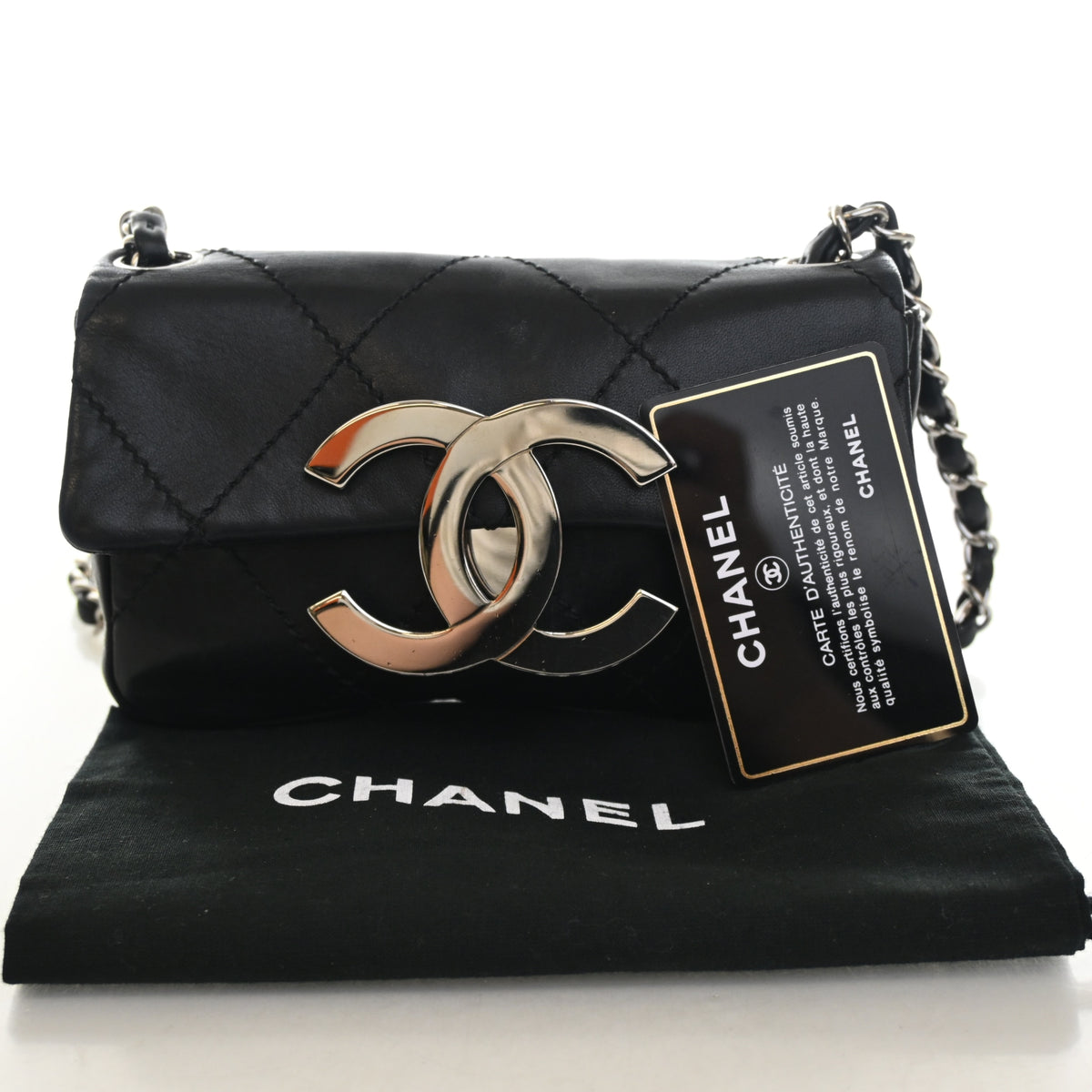 Vintage Chanel Flap Bag Calfskin Diamond Stitch CC, shown with dust bag and packaging