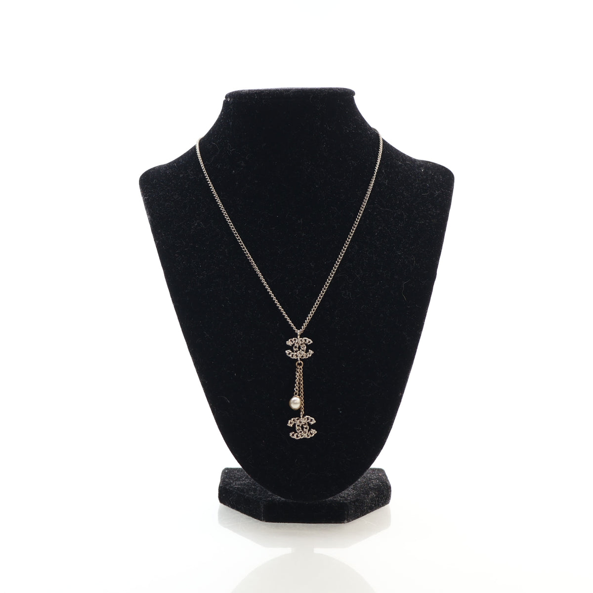 Vintage Chanel Necklace Pearl Chain CC Drop, front view, authenticated at Luxe Du Jour
