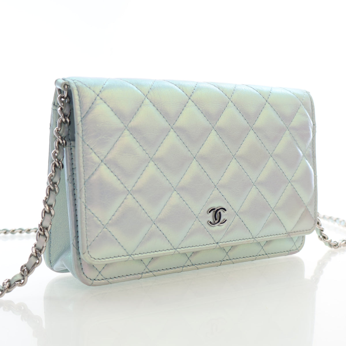 Pre-Owned Chanel Wallet On Chain Iridescent Calfskin WOC, three-quarter view, authenticated at Luxe Du Jour
