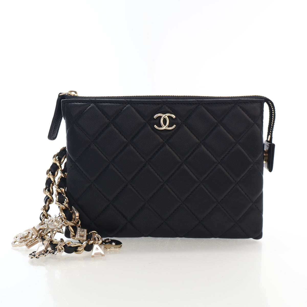 Pre-Owned Chanel Medium Lambskin Coco Charms Pouch, front view, authenticated at Luxe Du Jour