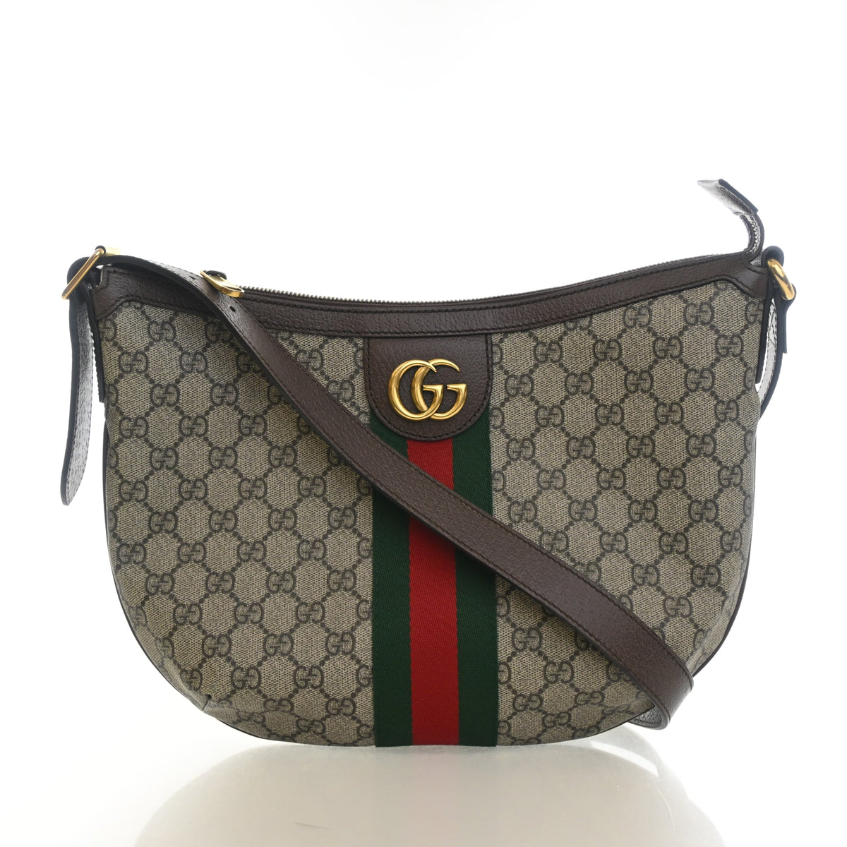 Pre-Owned Gucci Ophidia Small GG Supreme Half Moon Hobo, front view, authenticated at Luxe Du Jour