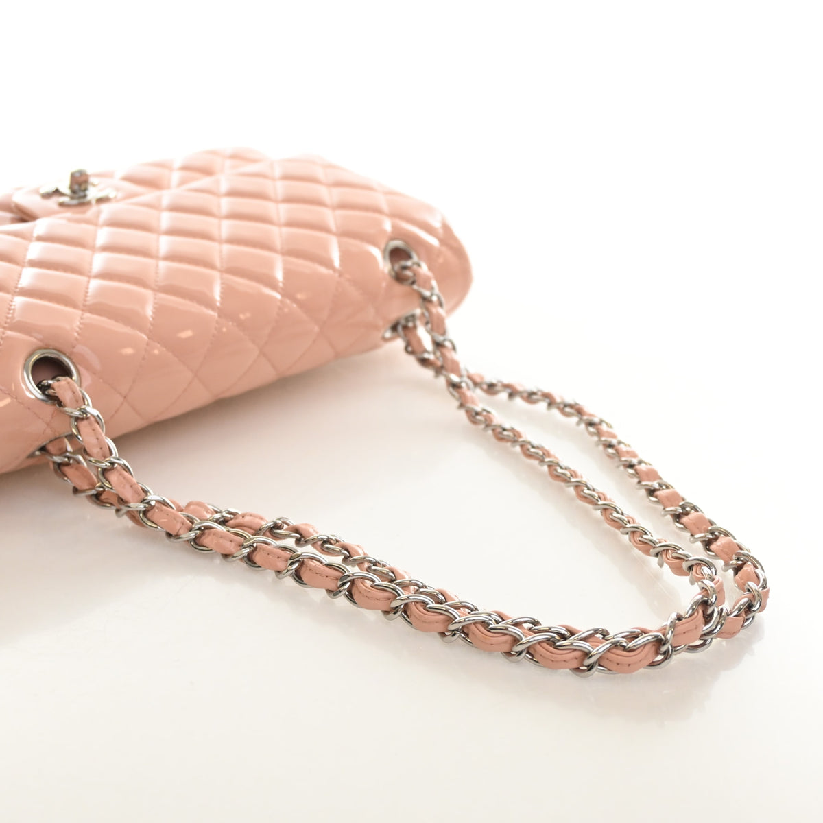 Pre-Owned Chanel Classic Double Flap Medium Patent Leather Bag, strap and chain detail