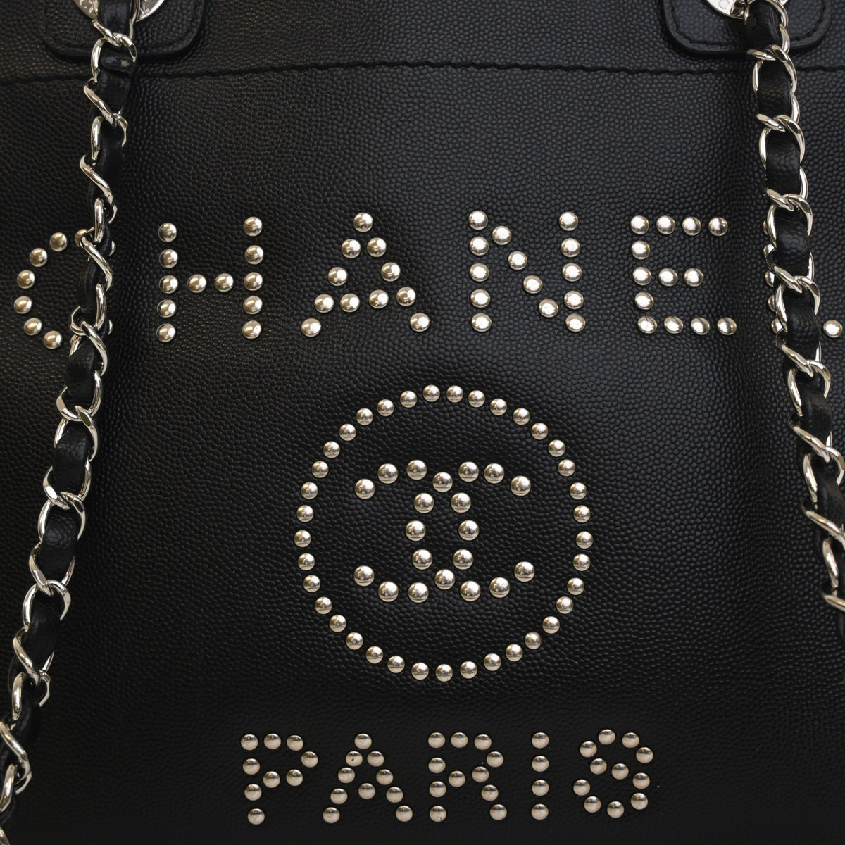 Pre-Owned Chanel Tote Small Caviar Leather Studded Deauville, open front view