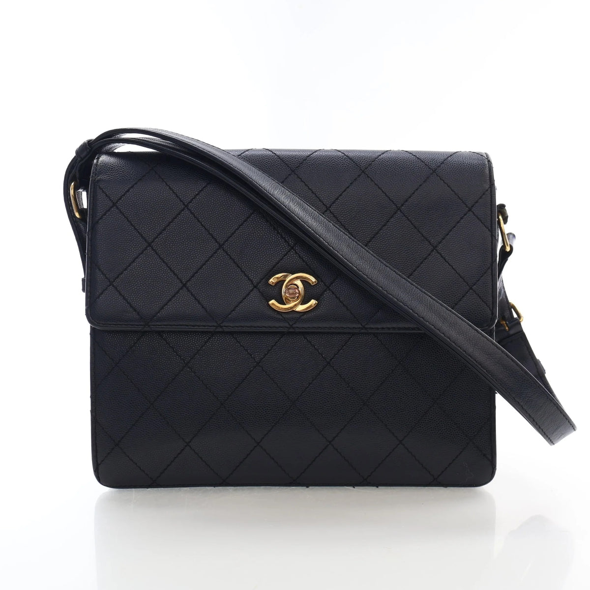 Vintage Chanel Flap Bag Caviar Leather Square, front view, authenticated at Luxe Du Jour