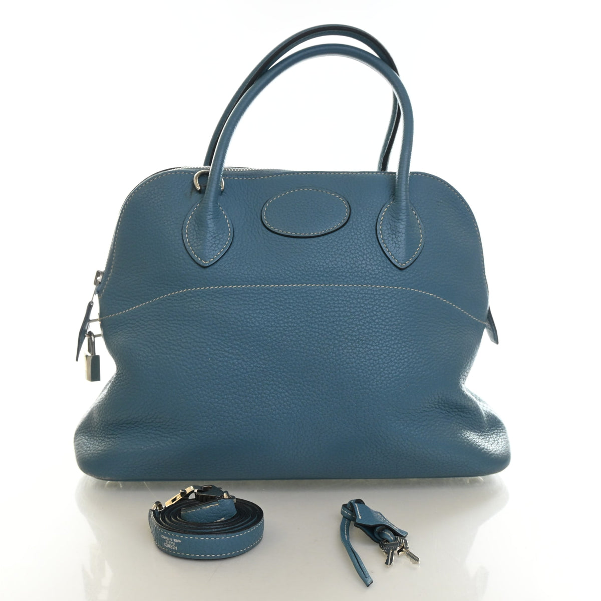 Vintage Hermès Bolide 31 Bleu Jean Clemence Leather, front view, photo 25 of 25