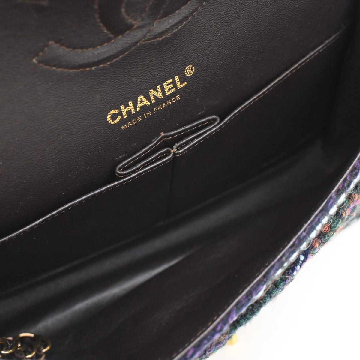 Pre-Owned Chanel Classic Double Flap Medium Tweed Bag, gold embossed logo detail
