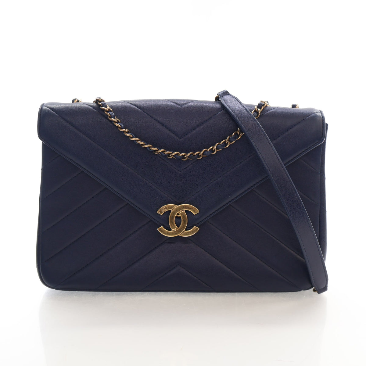 Pre-Owned Chanel Flap Bag Medium Lambskin Chevron Paris-seoul Envelope, front view, authenticated at Luxe Du Jour