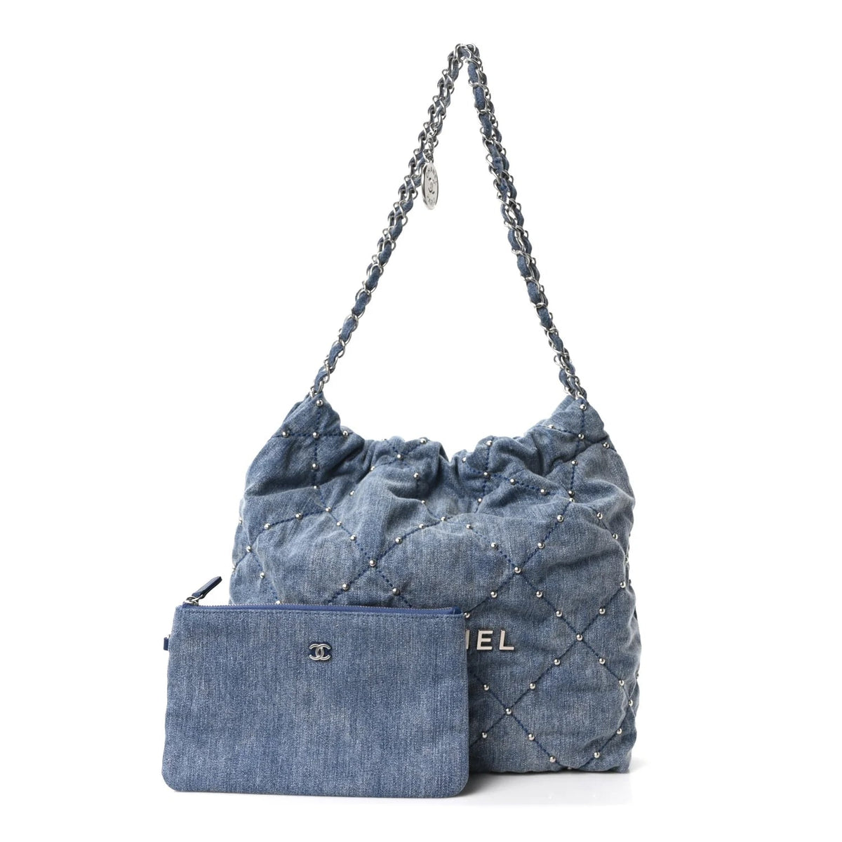 Pre-Owned Chanel 22 Hobo Small Studded Denim, front view, authenticated at Luxe Du Jour