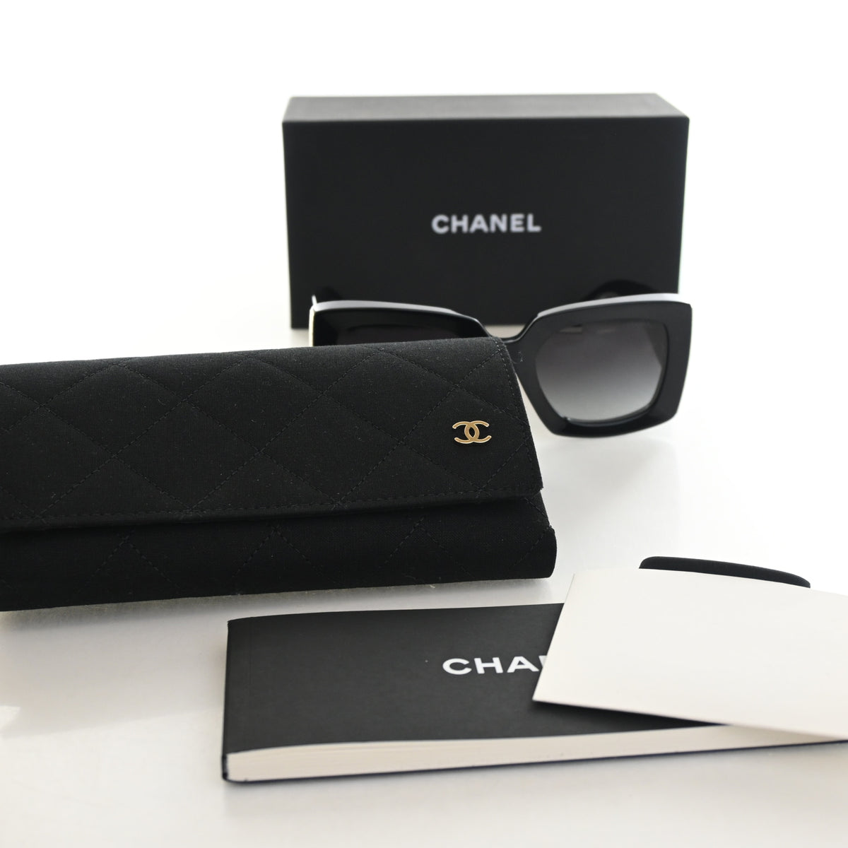 Pre-Owned Chanel Sunglasses Square CC Oversized, shown with dust bag and packaging