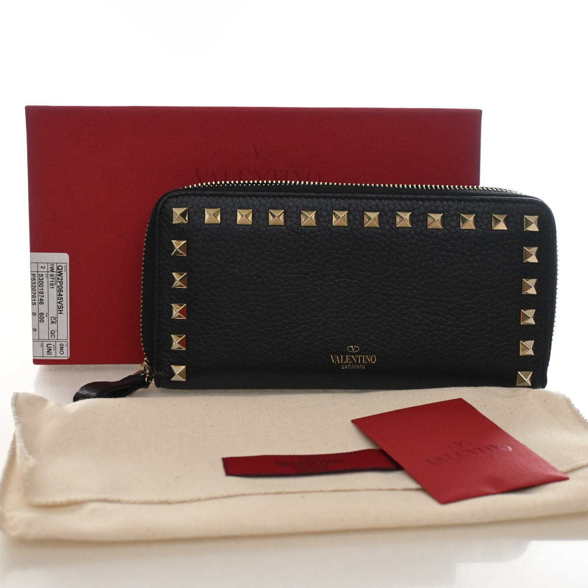 Pre-Owned Valentino Wallet Calfskin Rockstud Long, shown with dust bag and packaging