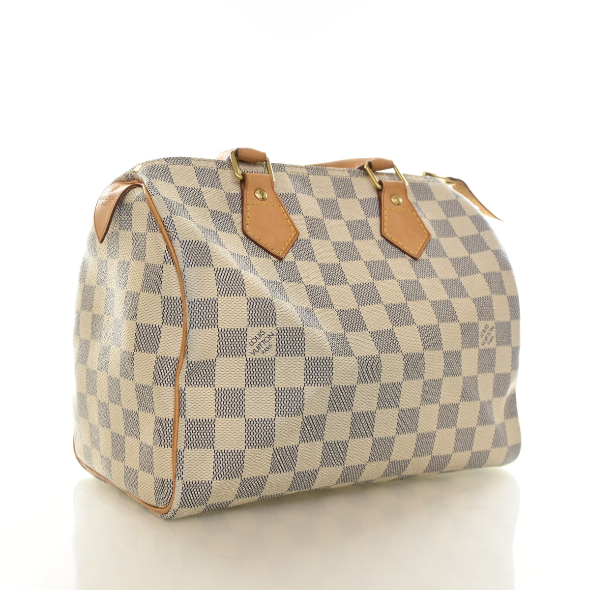 Pre-Owned Louis Vuitton Speedy 25 Damier Azur, side profile, authenticated at Luxe Du Jour