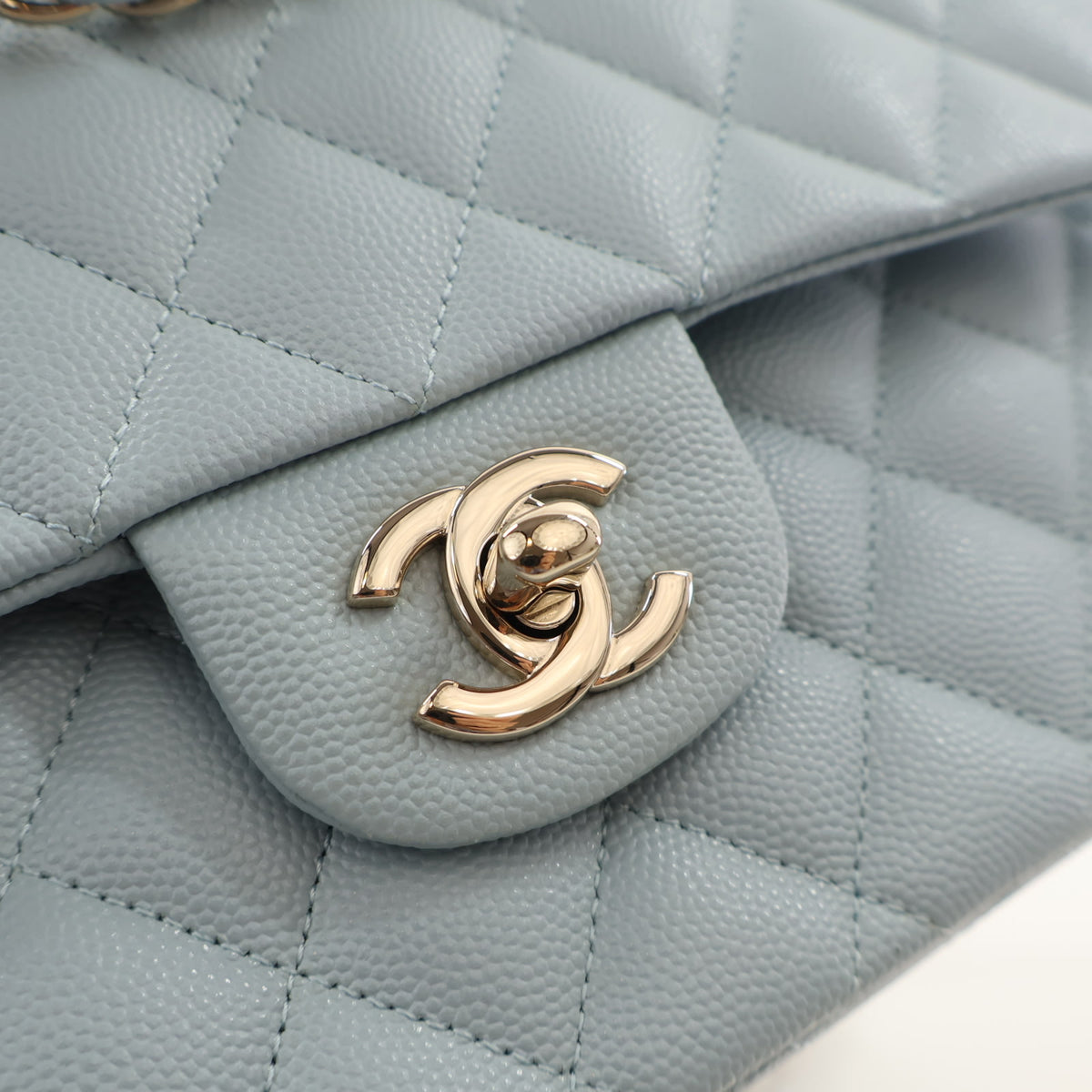 Pre-Owned Chanel Classic Double Flap Small Caviar Leather Bag, gold hardware close-up