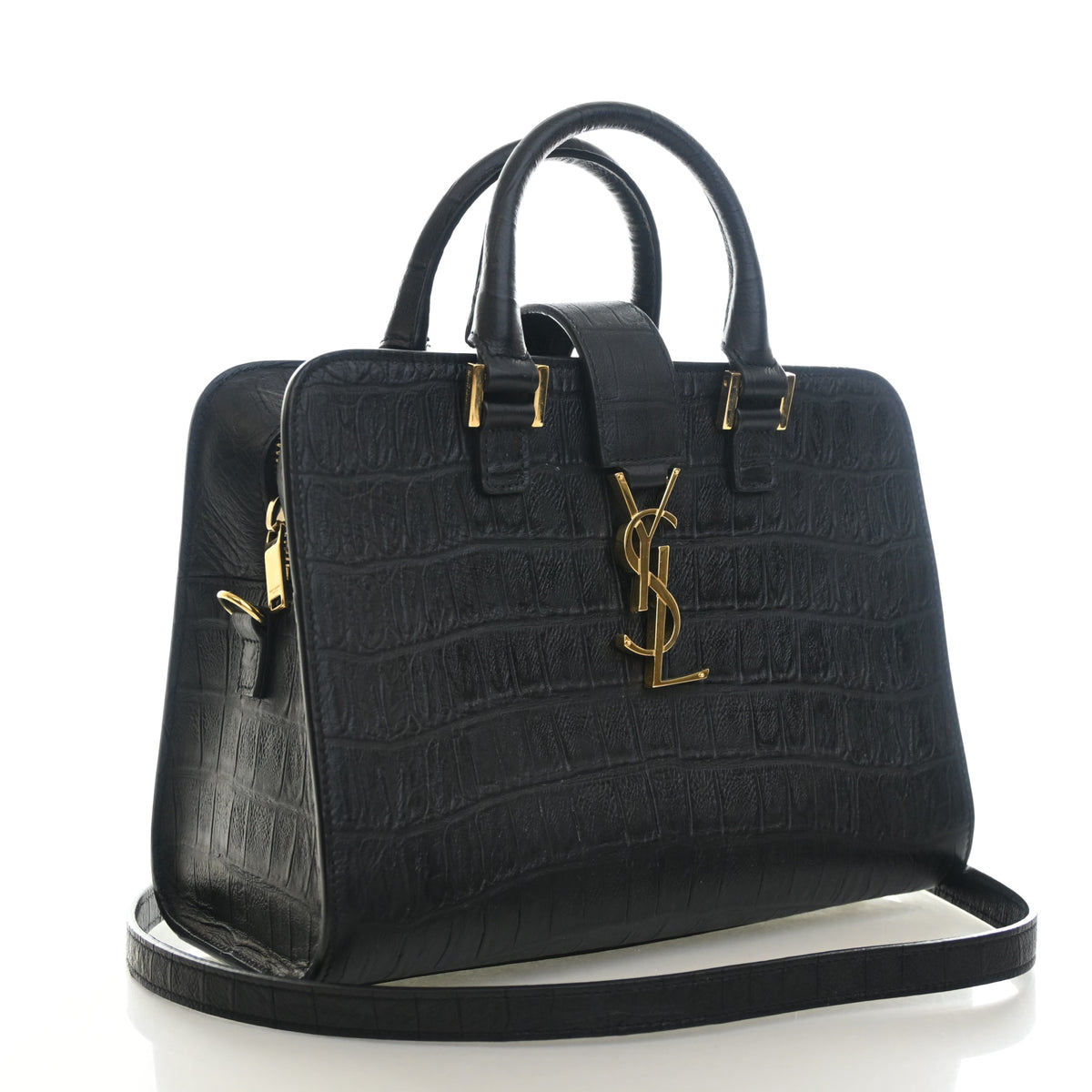 Pre-Owned Saint Laurent Baby Crocodile Leather Embossed Leather Cabas, three-quarter view, authenticated at Luxe Du Jour