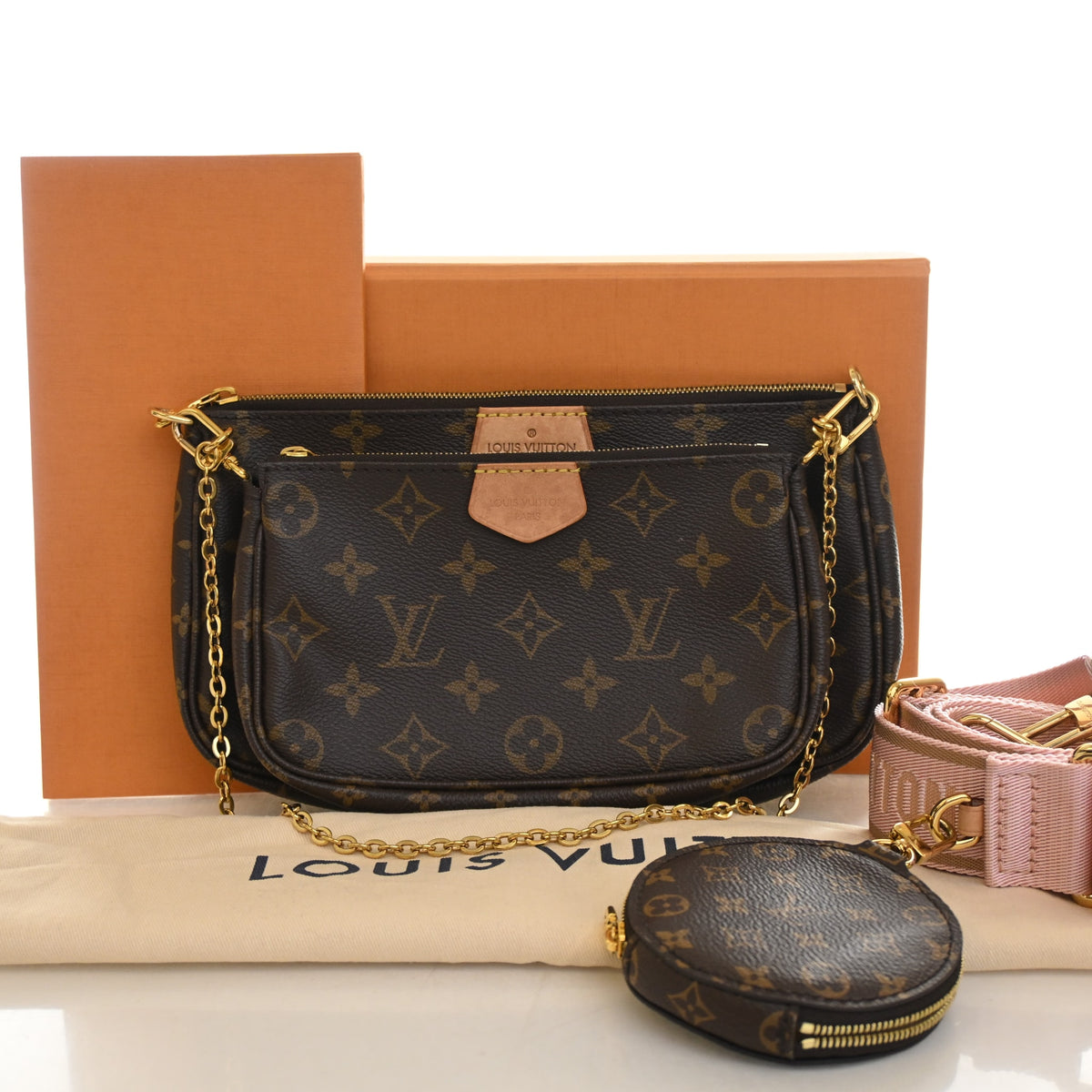 Pre-Owned Louis Vuitton Monogram Multi-pochette Accessoires, shown with dust bag and packaging