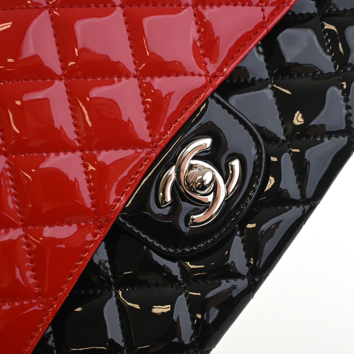 Pre-Owned Chanel Classic Double Flap Medium Patent Leather Bag, silver embossed logo detail