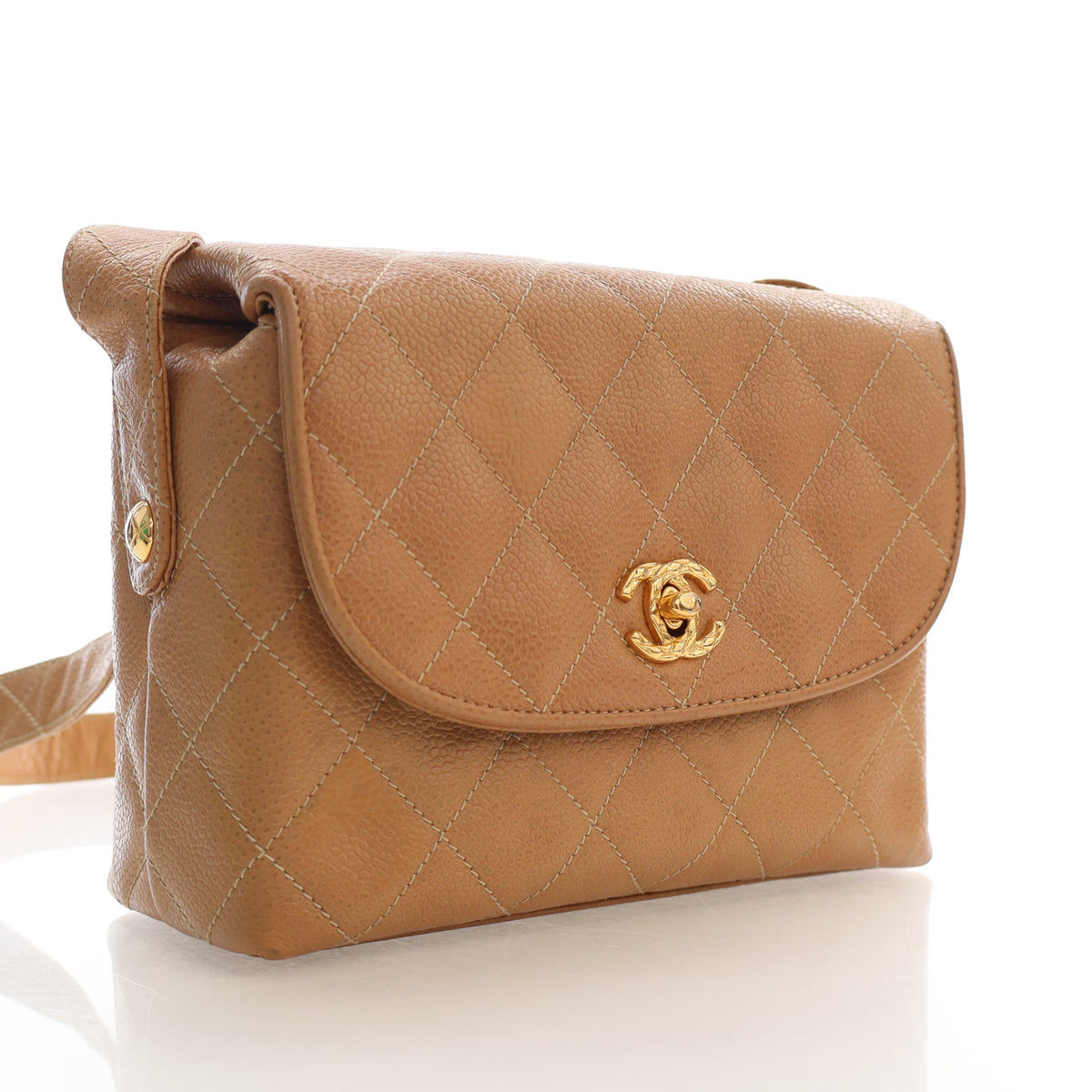 Vintage Chanel Flap Bag Small Caviar Leather Diana, three-quarter view, authenticated at Luxe Du Jour