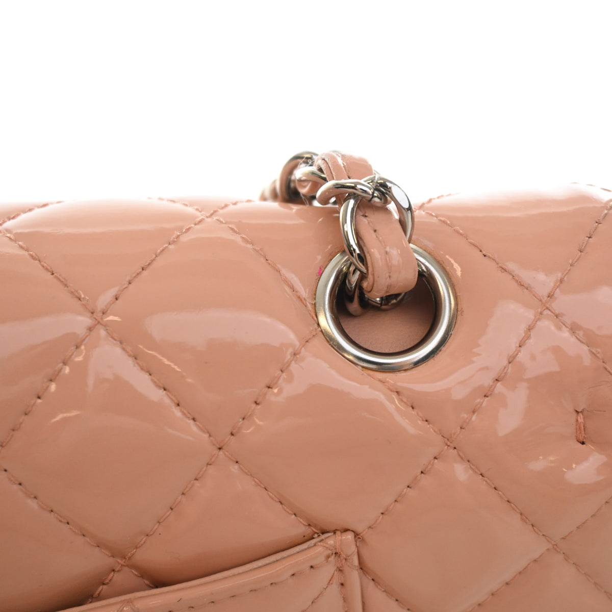 Pre-Owned Chanel Classic Double Flap Medium Patent Leather Bag, silver hardware close-up, photo 15 of 21