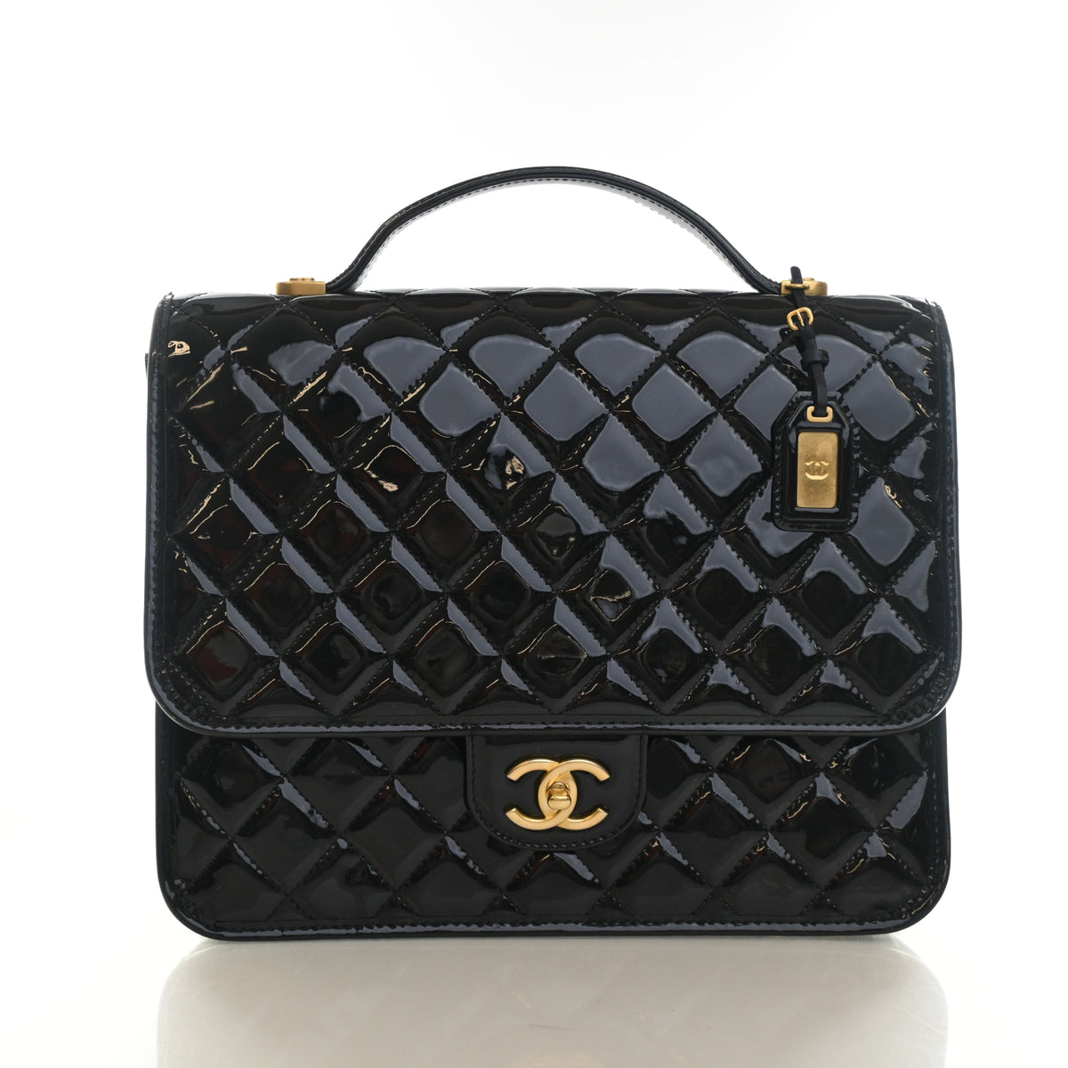 Pre-Owned Chanel Top Handle Large Patent Leather School Memory Flap Bag, front view, authenticated at Luxe Du Jour