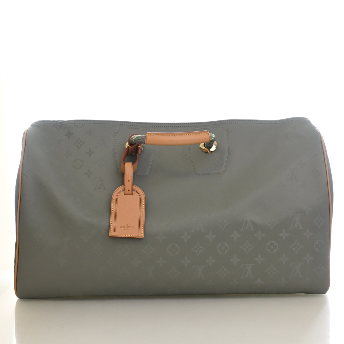 Pre-Owned Louis Vuitton 50 Monogram Titanium Keepall Bandouliere, front view, authenticated at Luxe Du Jour