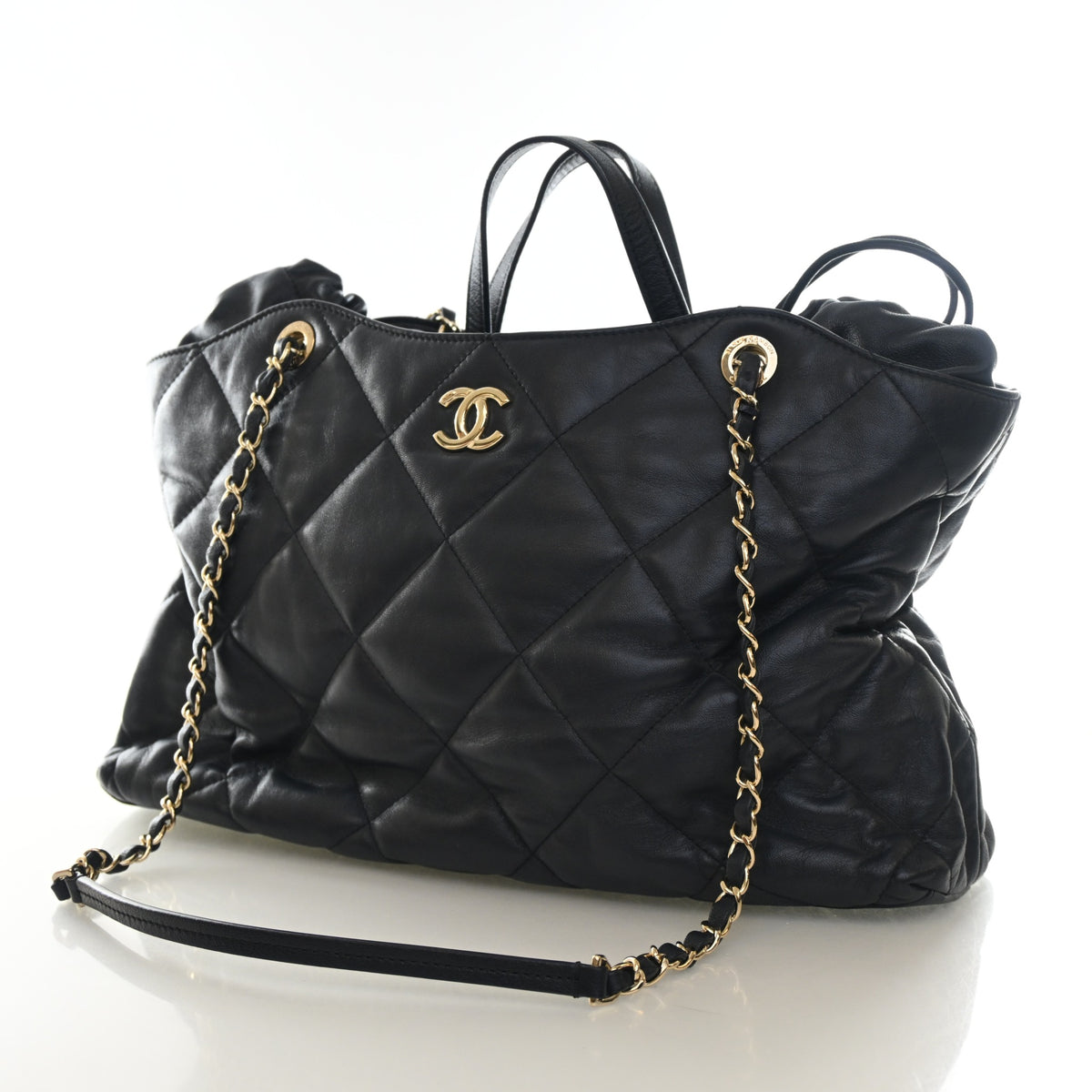 Pre-Owned Chanel Shopping Tote Calfskin CC Drawstring, three-quarter view