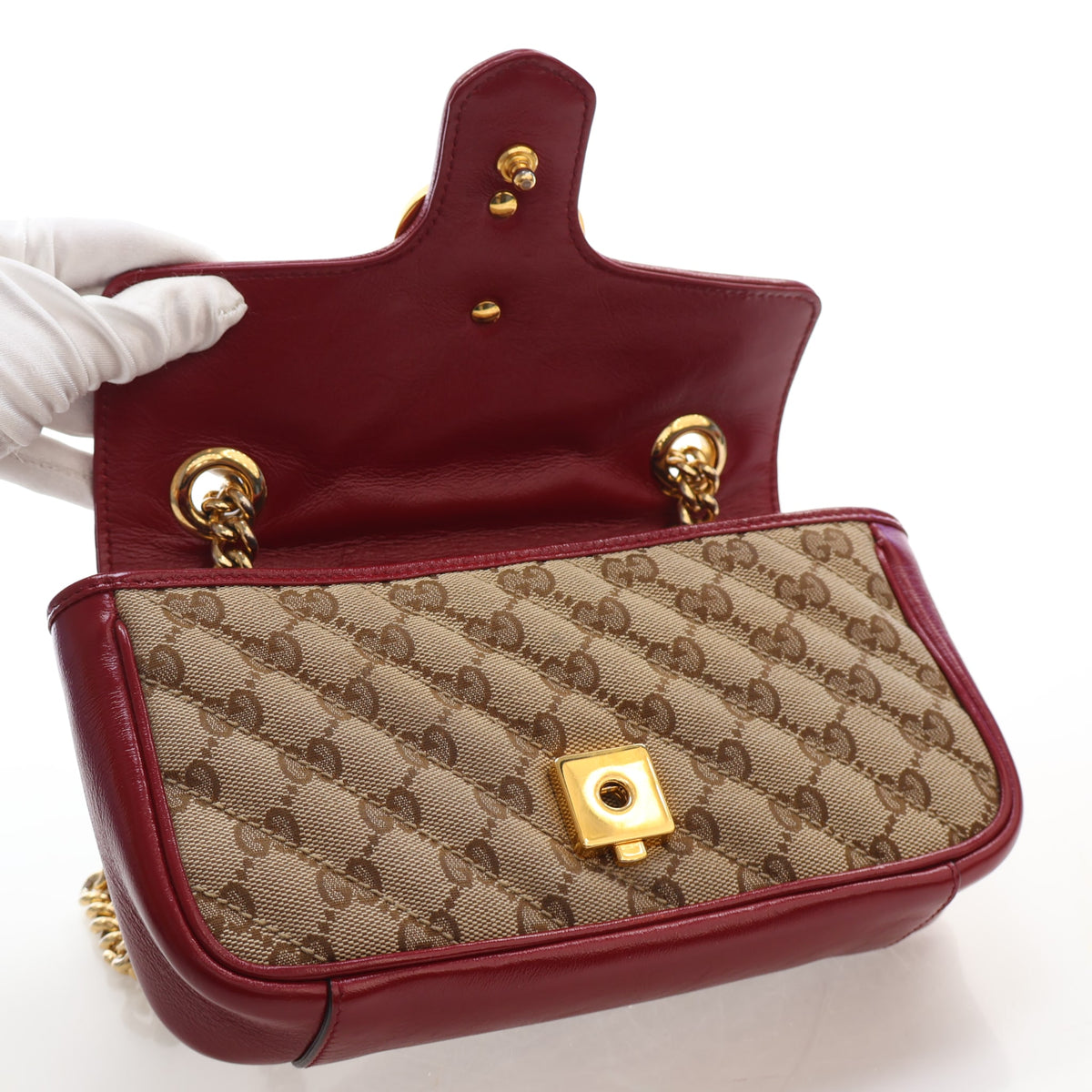 Pre-Owned Gucci Flap Bag Small GG Canvas Marmont, open front view
